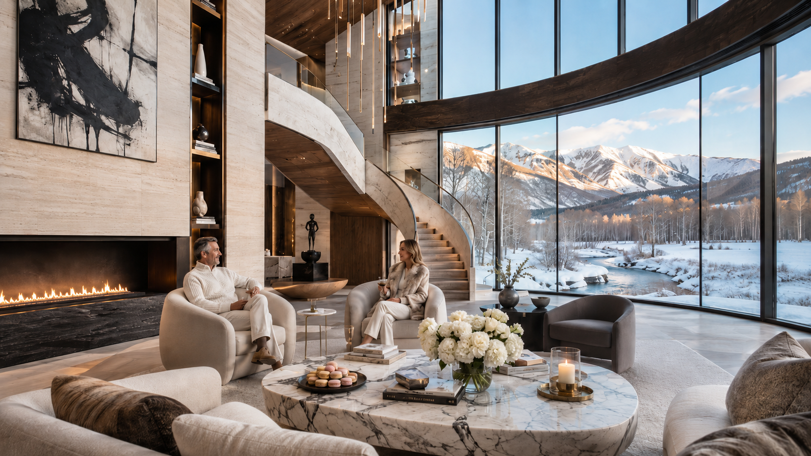 Luxury vacation home with warm lighting and mountain views
