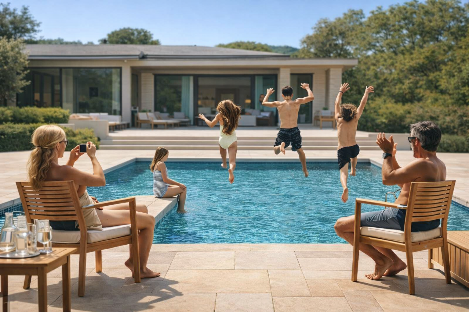 Family enjoying poolside fun at a luxury vacation home