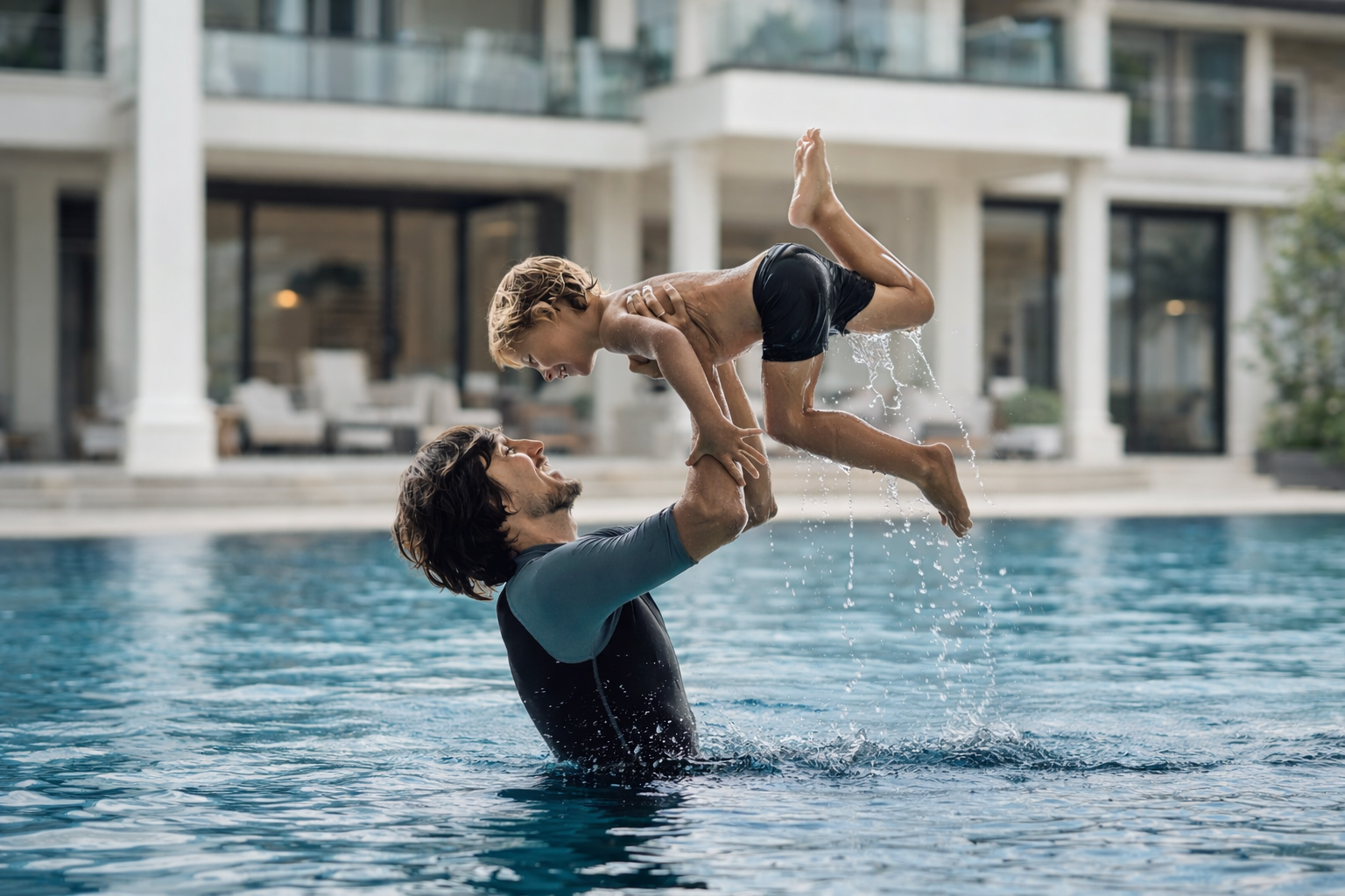 Father lifting son in a luxury resort pool