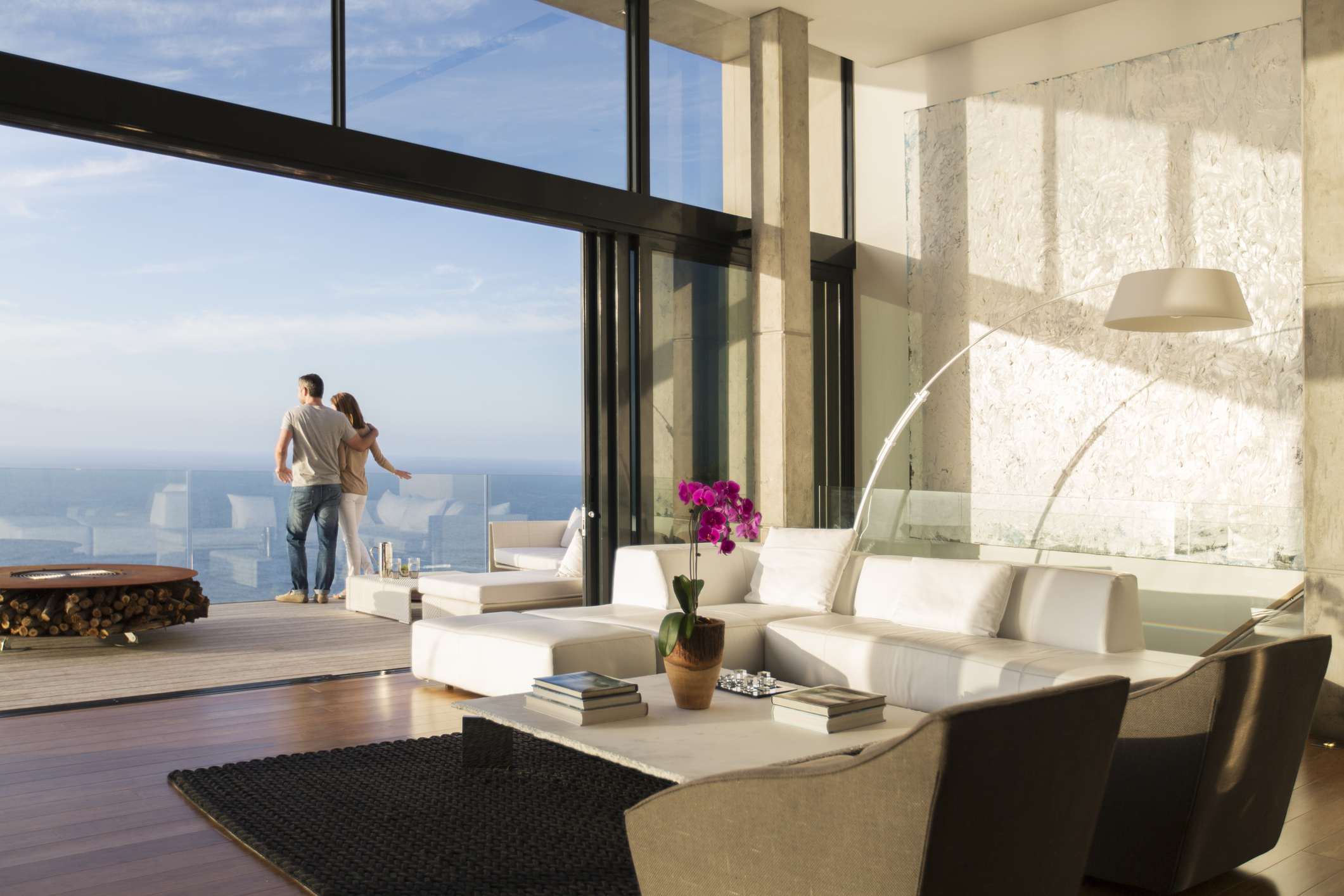 High-floor luxury condo living room with panoramic city views